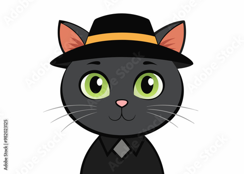 A black cat logo, icon with a hat on its head on white background