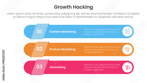 growth hacking infographic 3 point with long round rectangle shape stack for slide presentation