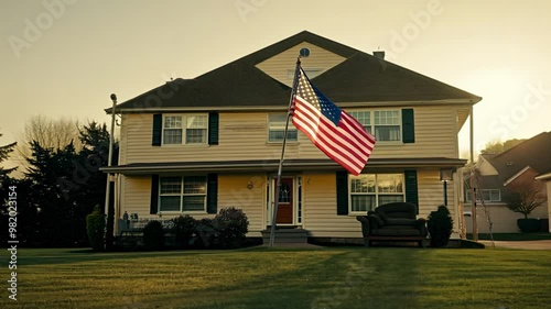 A small one-story house and an American flag in the foreground. A peaceful scene: a small house and the stars and stripes flying.