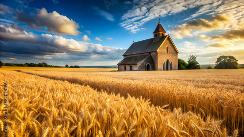 Rustic countryside church with fields of golden wheat in the background, Rural, church, countryside, wheat field photo