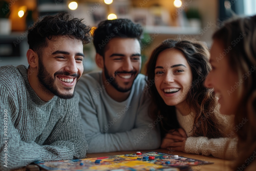 Fototapeta premium Group of friends enjoy playing a board game together, laughing and having fun in a cozy indoor setting.