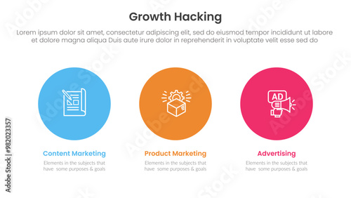 growth hacking infographic 3 point with big circle outline horizontal for slide presentation