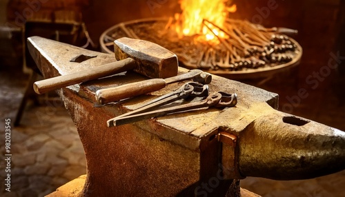 Traditional blacksmith tools—hammers, tongs, and chisels—resting on a glowing stone anvil, with red-hot embers casting a warm glow over the scene. photo