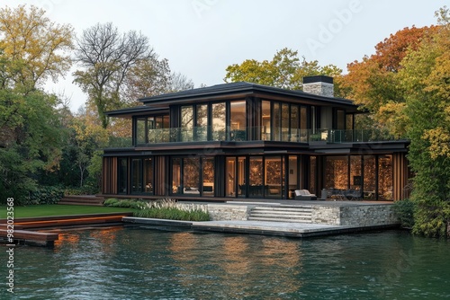 Modern house by the water surrounded by trees.