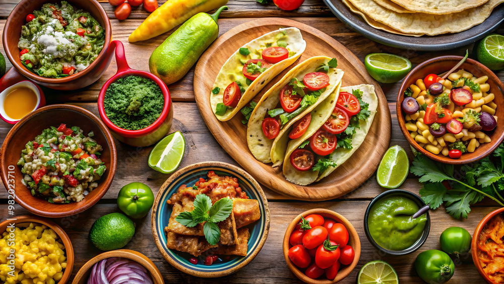 A vibrant and enticing display of a Mexican feast featuring traditional dishes such as tacos, enchiladas, guacamole A vibrant and enticing display of a Mexican feast featuring traditional dishes such as tacos, enchiladas, guacamole