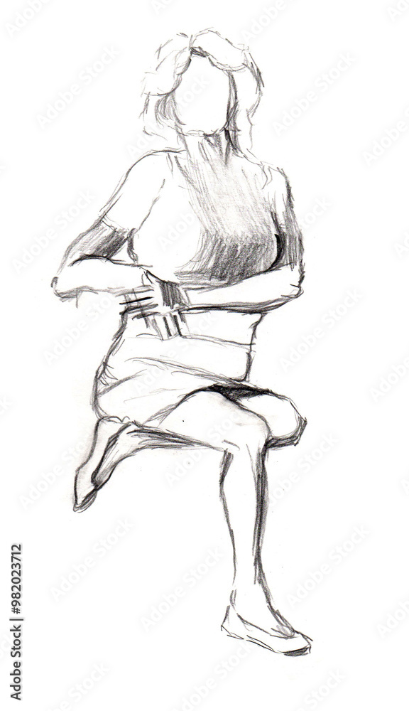Pencil sketch of a woman on a white background. He sits on one knee, his elbow rests on the chair. Chaotic lines, strokes. School of Arts. Pencil sketch of a woman on a white background. He sits on one knee, his elbow rests on the chair. Chaotic lines, strokes. School of Arts.