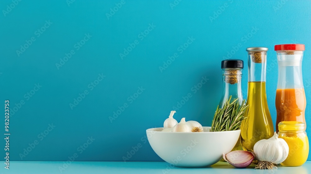 A collection of cooking oils and garlic arranged on a blue background for culinary use. A collection of cooking oils and garlic arranged on a blue background for culinary use.
