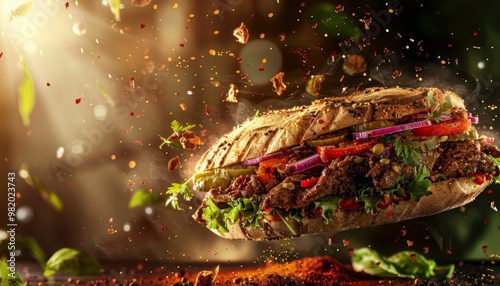 Delicious gyro sandwich with flying ingredients and spices