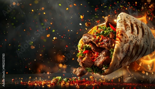 Delicious beef doner kebab wrap with flying ingredients