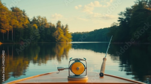 A tranquil scene of a fishing rod on a boat overlooking a calm lake surrounded by trees. photo