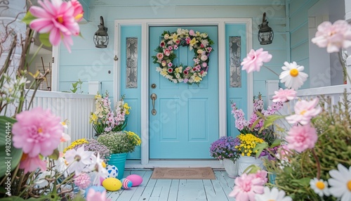 Charming Easterthemed front door with colorful wreath and flowers photo