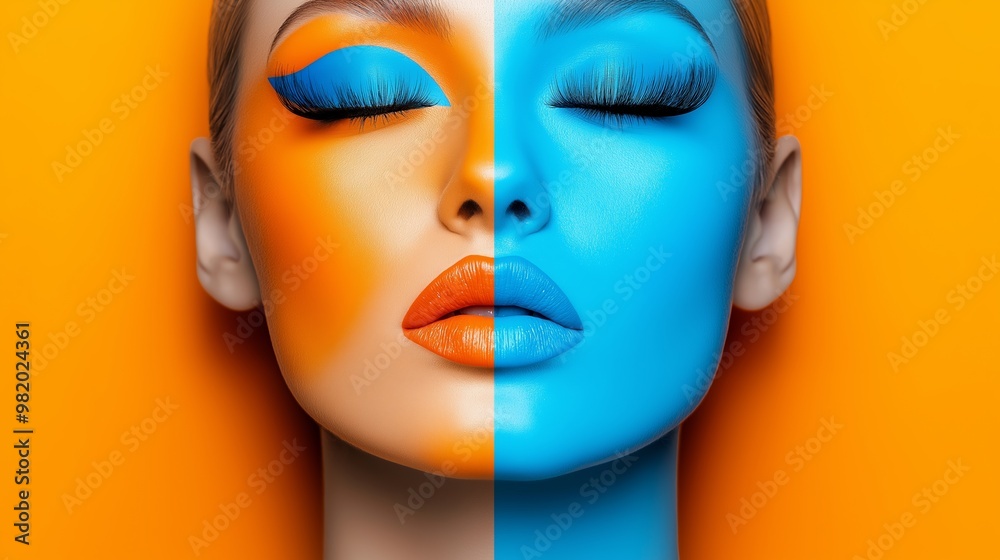 A woman's face is painted blue and orange. The blue and orange colors are bold and vibrant, creating a striking contrast. The woman's eyes are closed, giving her a peaceful and relaxed appearance A woman's face is painted blue and orange. The blue and orange colors are bold and vibrant, creating a striking contrast. The woman's eyes are closed, giving her a peaceful and relaxed appearance