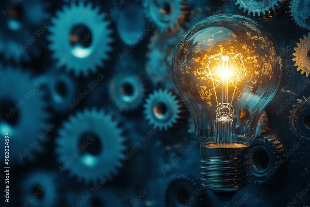 Illuminated light bulb against a backdrop of mechanical gears, symbolizing innovation, creativity, and the synergy of ideas with machinery. Illuminated light bulb against a backdrop of mechanical gears, symbolizing innovation, creativity, and the synergy of ideas with machinery.