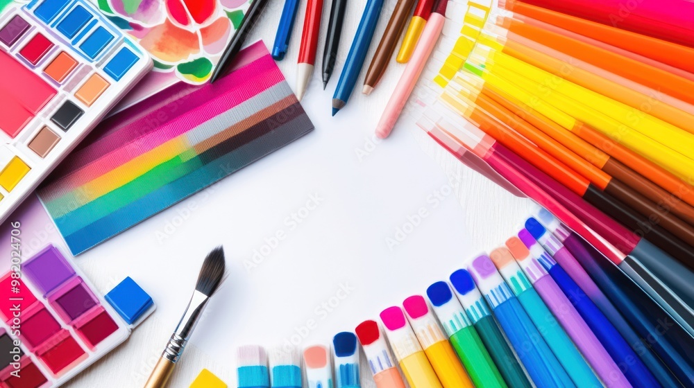 A vibrant array of art supplies including paints, markers, and brushes for creative projects. A vibrant array of art supplies including paints, markers, and brushes for creative projects.