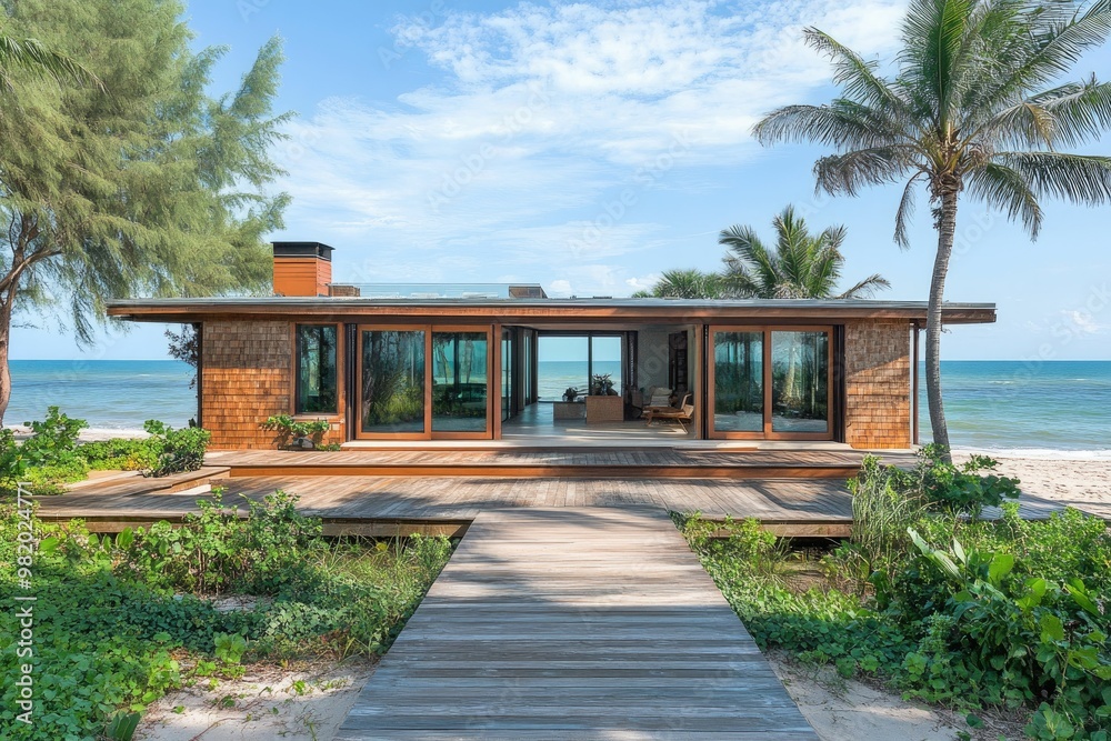 Coastal home with large windows and wooden deck. Coastal home with large windows and wooden deck.