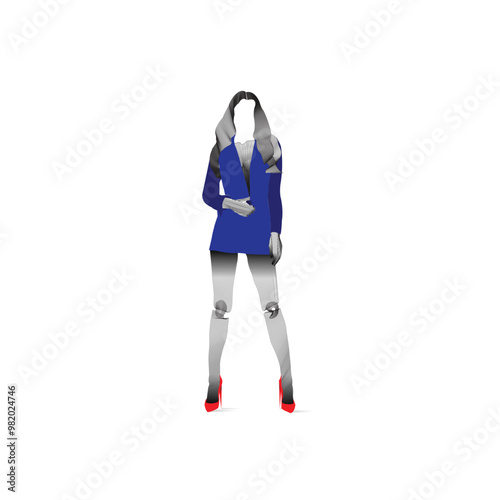 creative Vector line art illustration of women in blue dress and red shoes