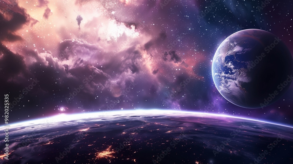 Stunning Space Scene with Earth Rising over Horizon and Vibrant Nebula Clouds Stunning Space Scene with Earth Rising over Horizon and Vibrant Nebula Clouds