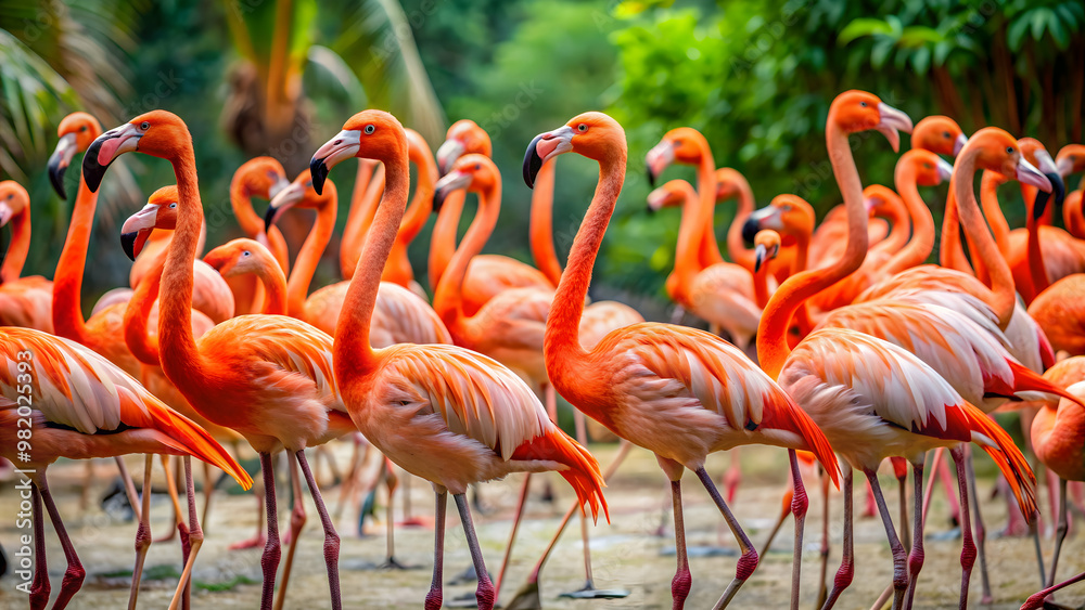 Naklejka premium A flock of vibrant pink flamingos standing in the bird park, flamingos, birds, pink, vibrant, flock, animals, wildlife