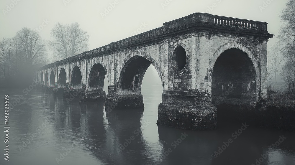Foggy bridge arching over still water creates a mysterious atmosphere. Foggy bridge arching over still water creates a mysterious atmosphere.