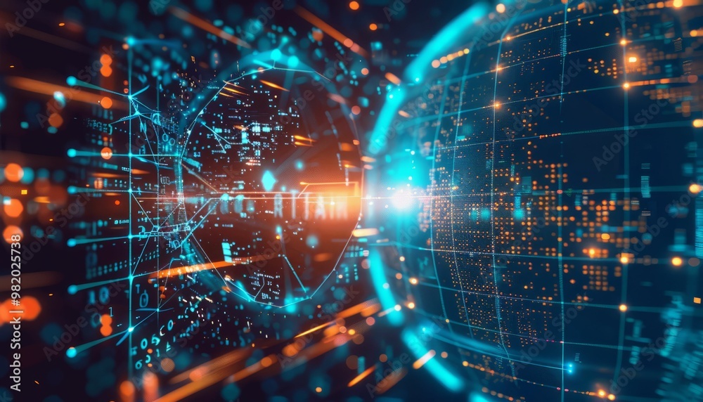 Glowing orange and blue digital sphere with circuit board texture Stock ...