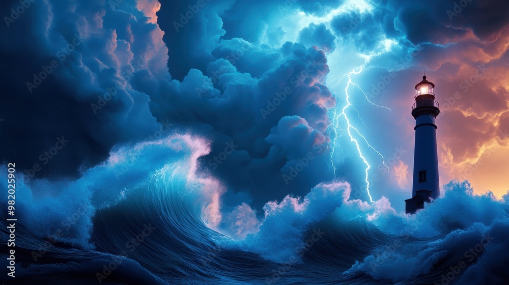 A dramatic illustration of a lighthouse enduring a raging storm. The waves are enormous, and lightning flashes across the sky. A dramatic illustration of a lighthouse enduring a raging storm. The waves are enormous, and lightning flashes across the sky.