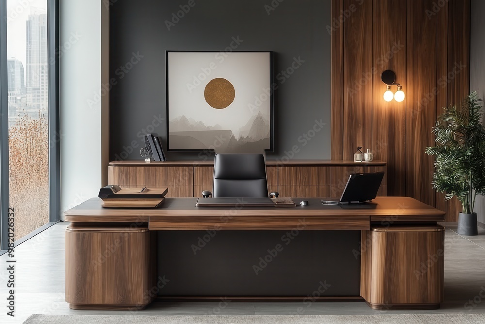 Modern executive office with stylish wooden furniture, large window, and contemporary artwork on the wall. Modern executive office with stylish wooden furniture, large window, and contemporary artwork on the wall.