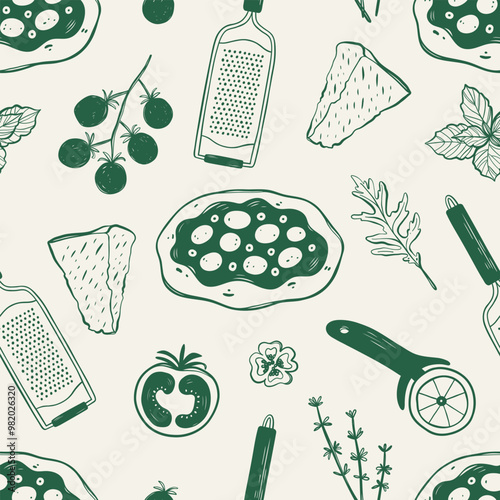 Italian pizza seamless pattern. Pizza ingredients background. 