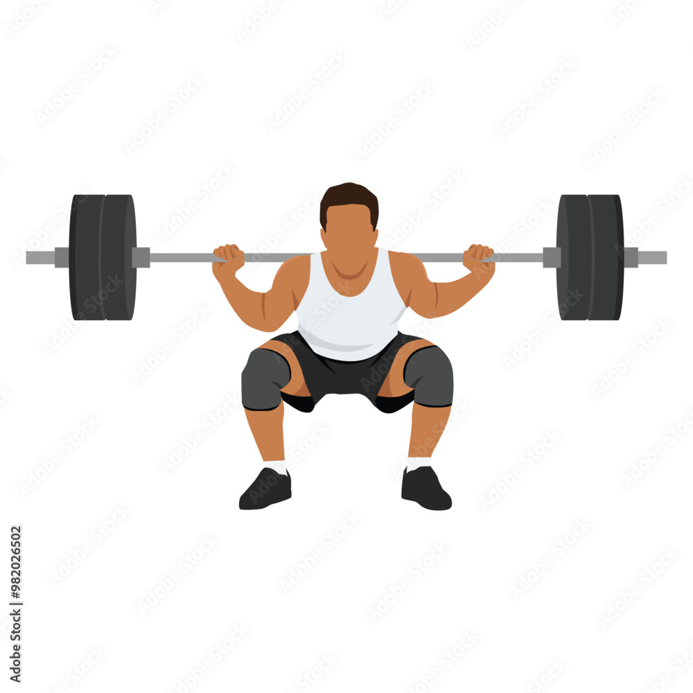 Young man doing squats with barbell on neck back. Flat vector illustration isolated on white background Young man doing squats with barbell on neck back. Flat vector illustration isolated on white background