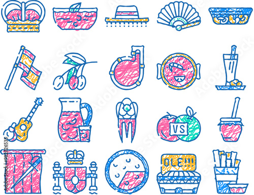 spain nation heritage doodle icons set vector. sketch line art gazpacho, omelet and paella spain dish, king crown and spanish flag, stadium and bullfighting contour illustrations