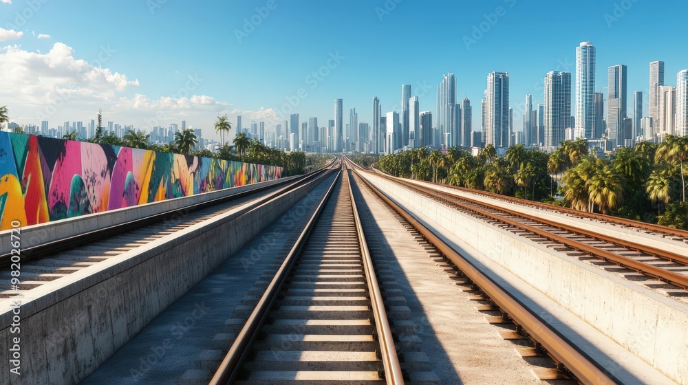 Fototapeta premium Panoramic skyline over a metropolitan area, busy highways with colorful street art on elevated tracks, 3D CGI rendering, meticulous textures, and intricate architectural details