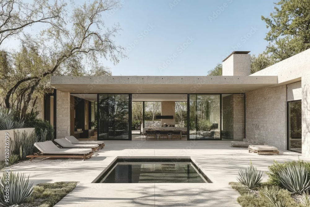 Fototapeta premium Modern house with minimalist design and pool area.