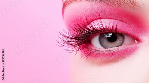 A woman's eye with pink and grey eye shadow. The eye shadow is applied to the eyelashes and the eyelid