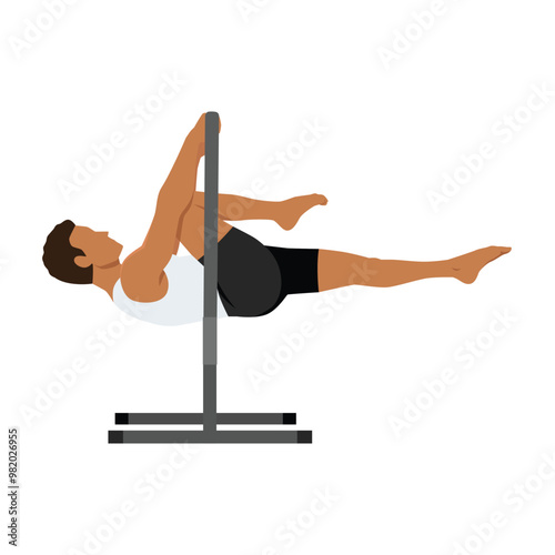 Young man doing advanced tuck front lever on a bar calisthenics exercise. Flat vector illustration isolated on white background