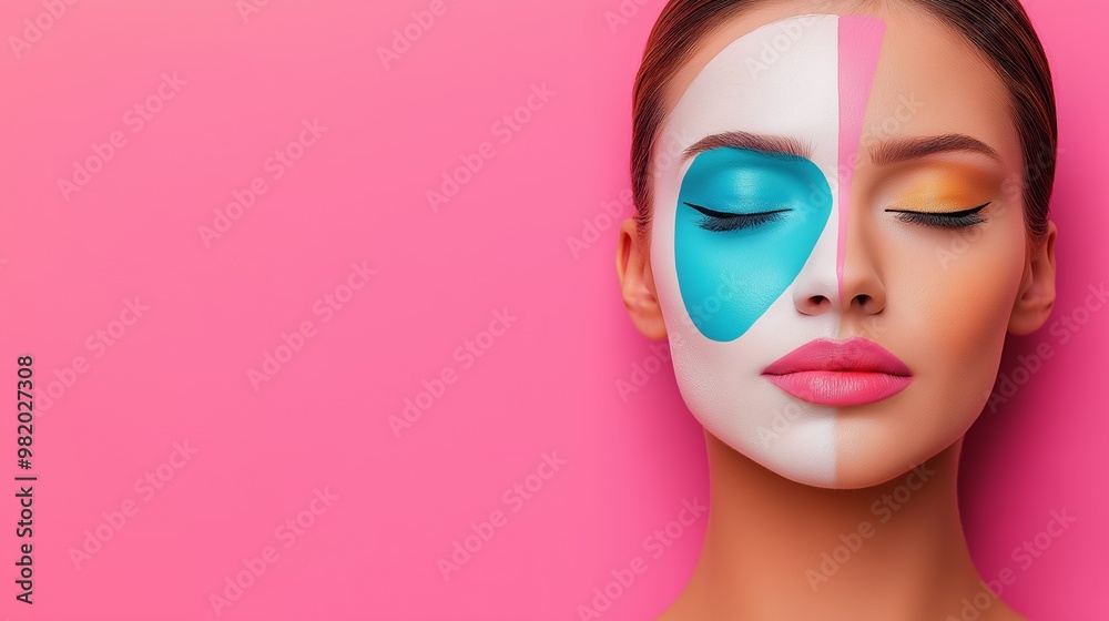 A woman with blue and pink makeup on her face. The makeup is colorful and vibrant. The woman is looking at the camera with a smile on her face A woman with blue and pink makeup on her face. The makeup is colorful and vibrant. The woman is looking at the camera with a smile on her face
