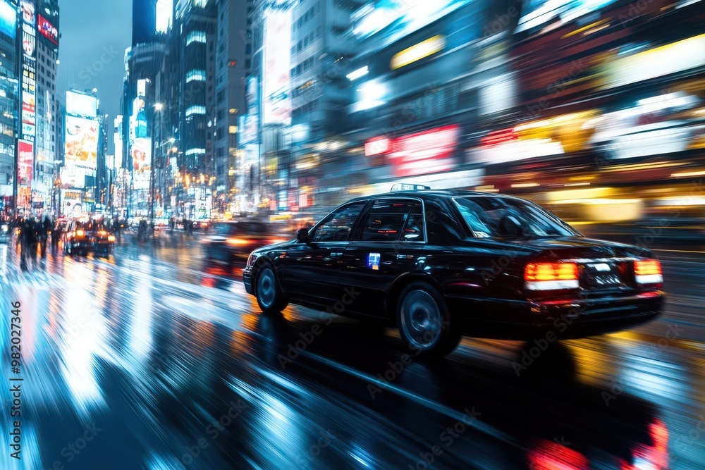 Fototapeta premium Tilted angle view, vibrant cityscape, sleek black ride-hailing car in motion, street lights glowing, early evening, photorealistic, slight motion blur for dynamic effect
