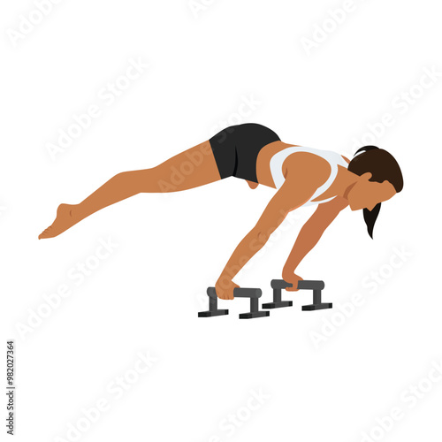 Young woman doing perfect straddle planche with Push up Bars. Flat vector illustration isolated on white background