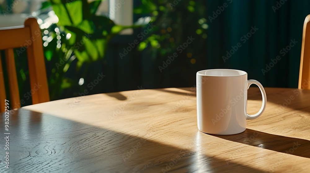 A white mug sits peacefully on a wooden table, bathed in soft sunbeams. A white mug sits peacefully on a wooden table, bathed in soft sunbeams.