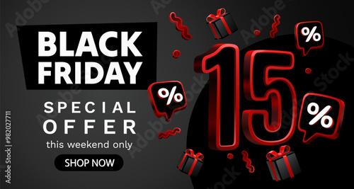 Black Friday 15 percent, special offer, discount flyer. Vector illustration