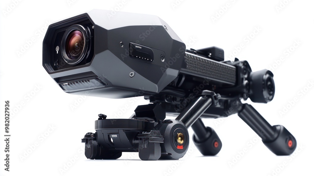A high-tech camera mounted on a tripod for advanced imaging and recording. A high-tech camera mounted on a tripod for advanced imaging and recording.