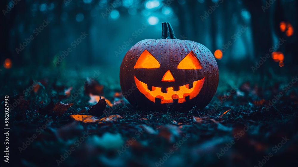 Naklejka premium A glowing carved pumpkin stands amidst fallen leaves on a spooky Halloween night in the woods