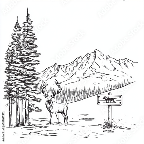 a very simple black and white line drawing illustration of the summer aspen mountains with an elevation post sign in the snow. have aspen trees, mountains and an elk