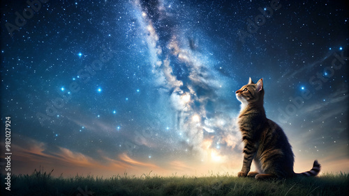 Lonely cat gazing up at a starry sky, lonely, cat, pet, night, stars, sky, outdoors, contemplation, solitude, peaceful, tranquil