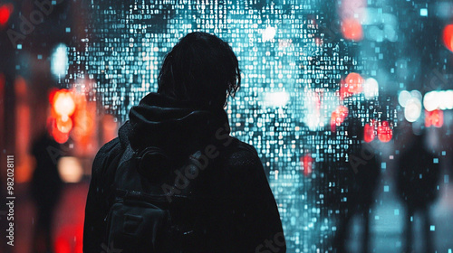 Behind a person, shadow of coding on a dark background, illuminated with soft light.