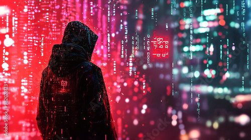 Behind a person, shadow of coding on a dark background, illuminated with soft light.