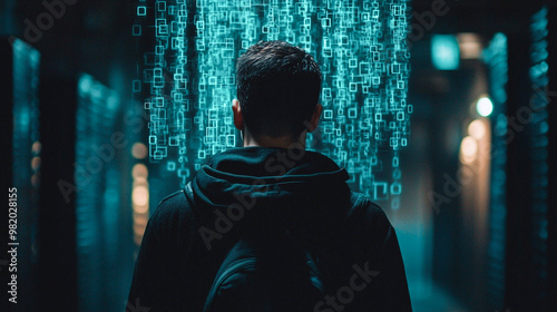 Behind a person, shadow of coding on a dark background, illuminated with soft light.