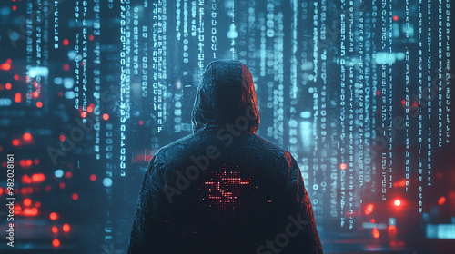 Behind a person, shadow of coding on a dark background, illuminated with soft light.