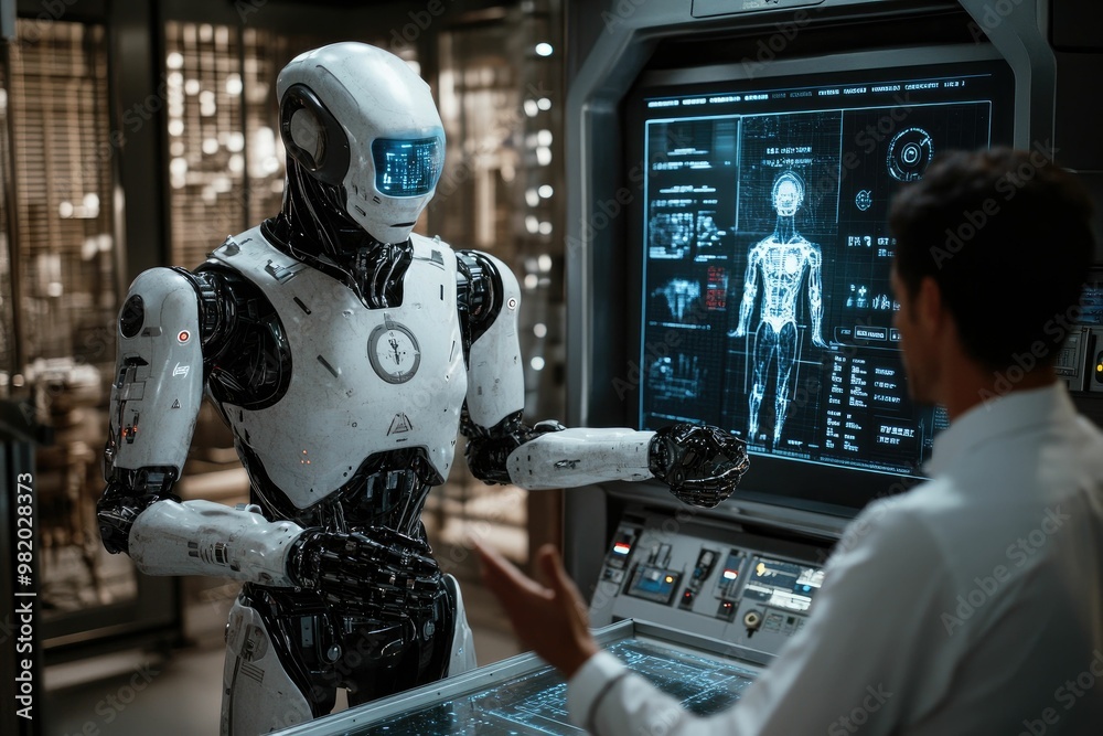Robot interacting with a human in a futuristic lab. Robot interacting with a human in a futuristic lab.