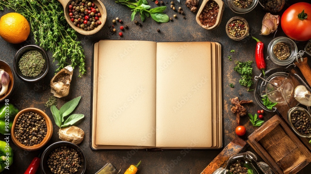 An open recipe book surrounded by various herbs, spices, and fresh ingredients for cooking. An open recipe book surrounded by various herbs, spices, and fresh ingredients for cooking.
