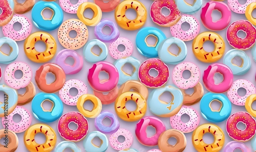 Flat lay donuts seamless pattern on pink background. Sweet glazed sprinkles pastry