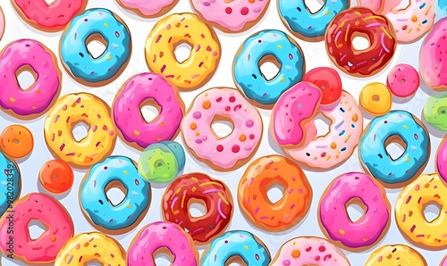 Flat lay donuts seamless pattern on pink background. Sweet glazed sprinkles pastry